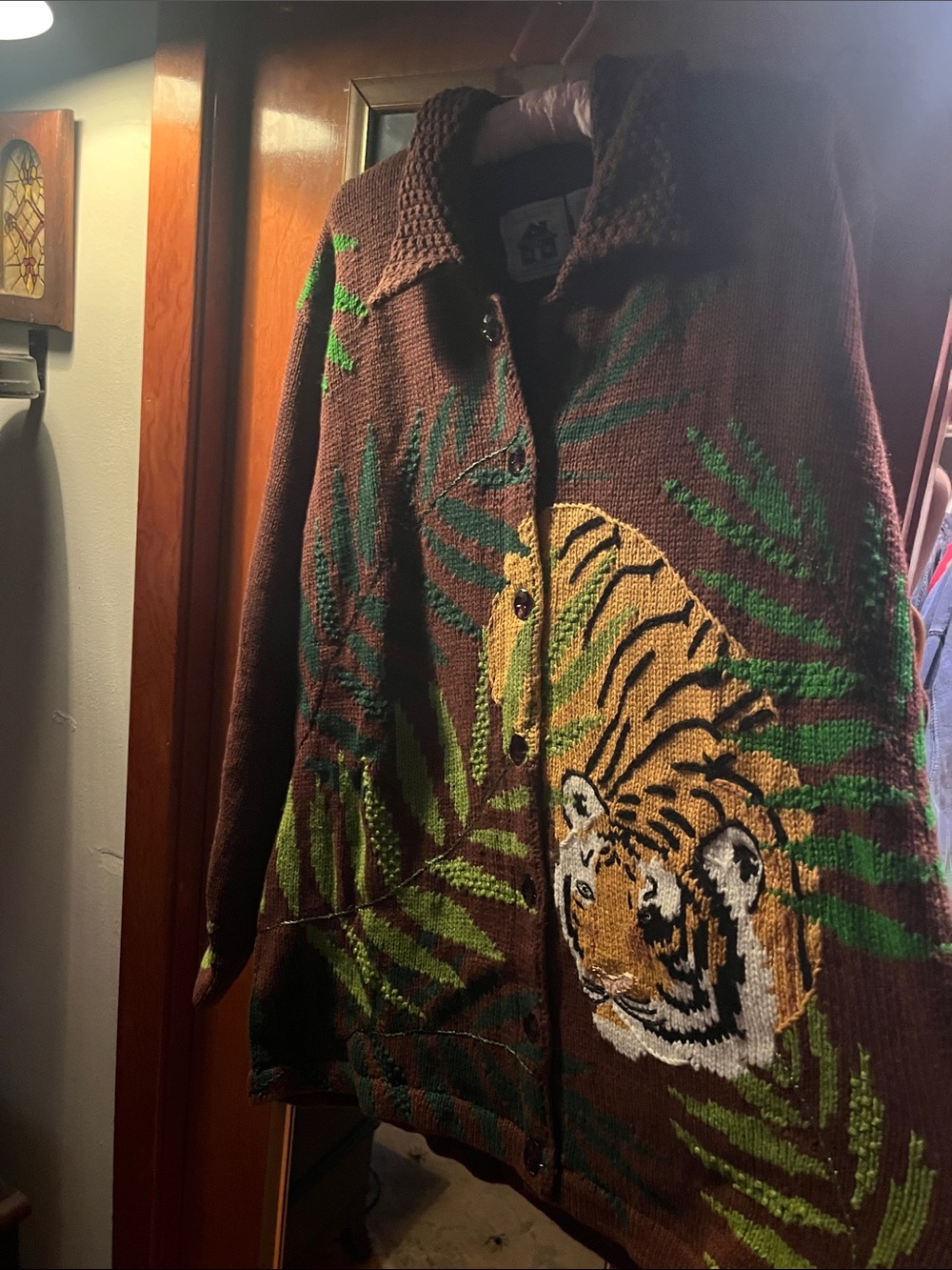 Storybook Knits Brown Tiger Intarsia Cardigan with Green Leaf Motif